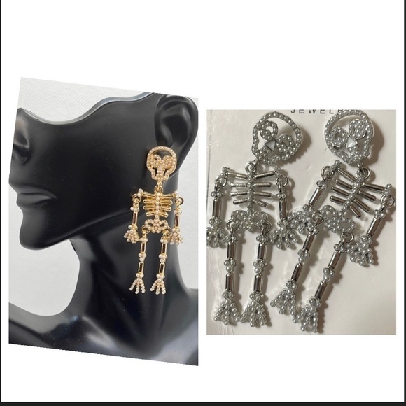 Skeleton Pearl Silver Drop Earrings - Picture 1 of 7